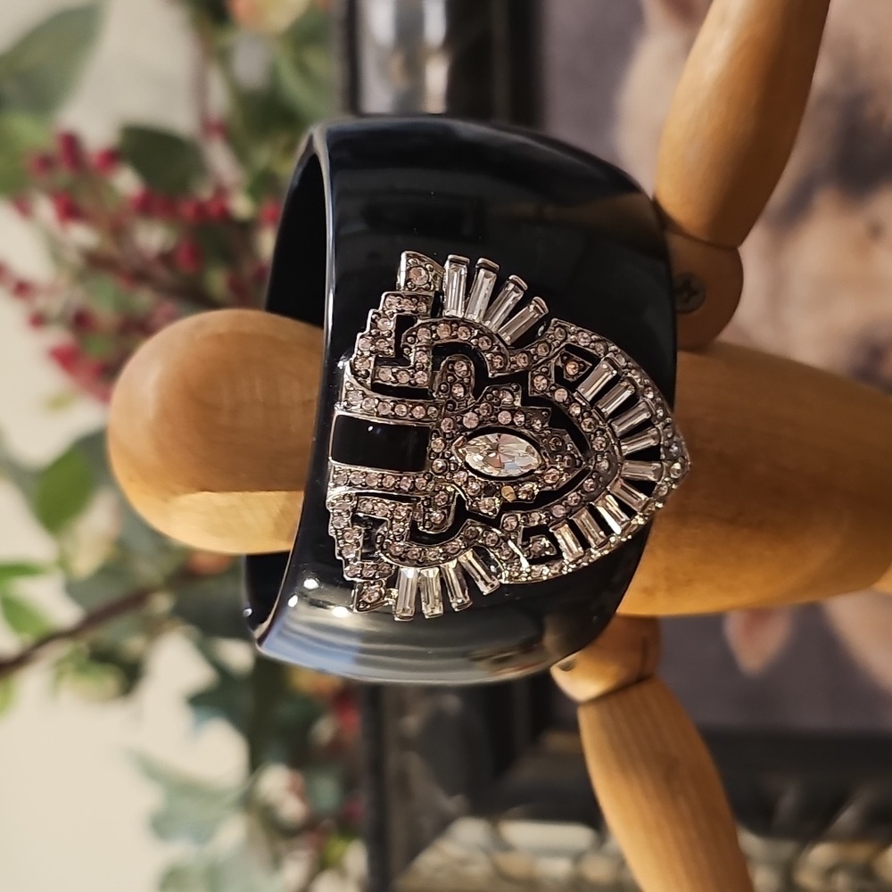 Kenneth Jay Lane Art Deco-Style Wide Cuff Braclet, Enamel & Rhinestone Medallion - Picture 3 of 15